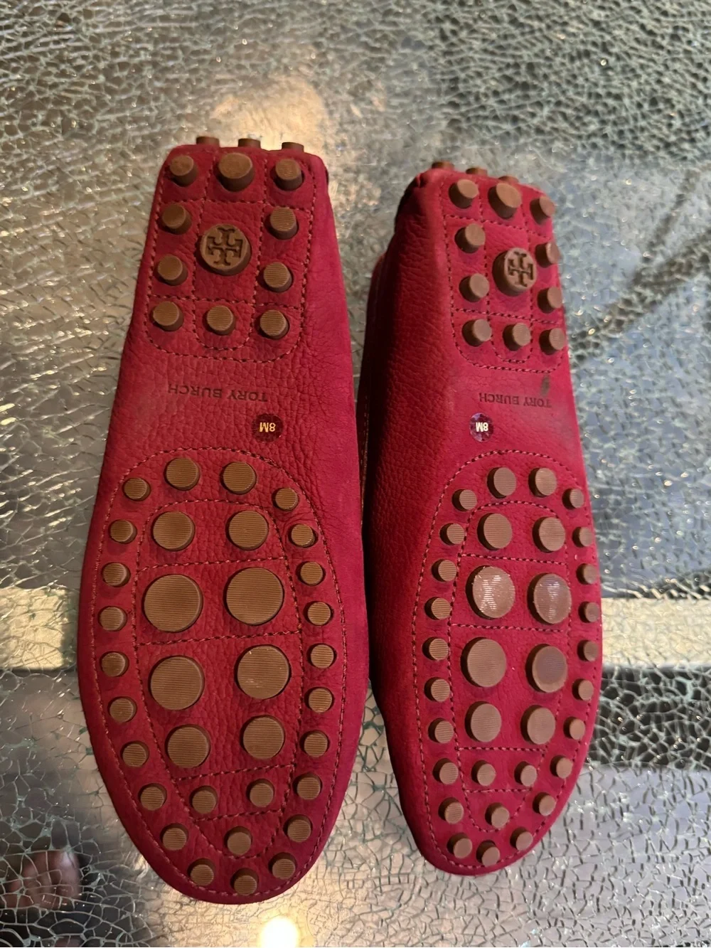 Tory Burch Deep Red Suede Loafers with Gold Logo 8 M